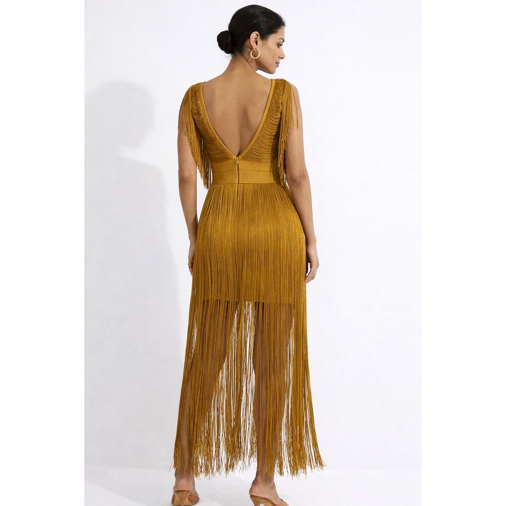 Karen Millen Maxi Draped Fringe Knitted Mini Dress Chartreuse Womens Medium New - Picture 3 of 11
